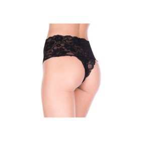 Tanga string noir grande taille large bande haute de dentelle florale 